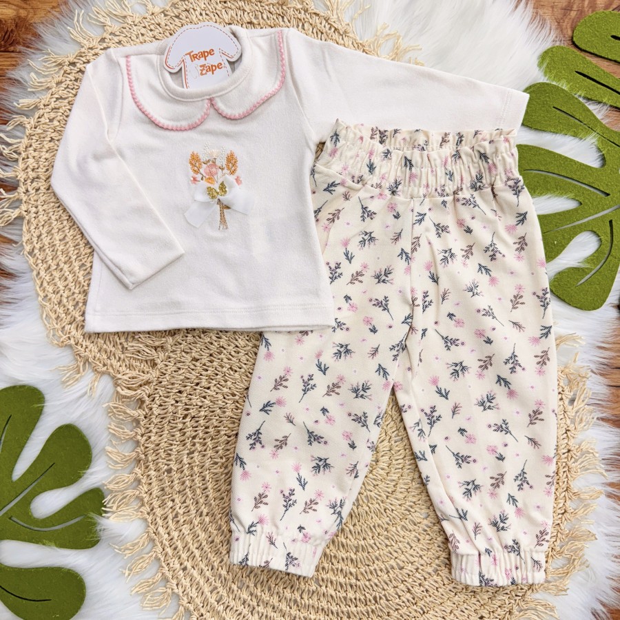 Conj. Blusa em Plush Manga Longa  Florzinhas e Calça - Rosa